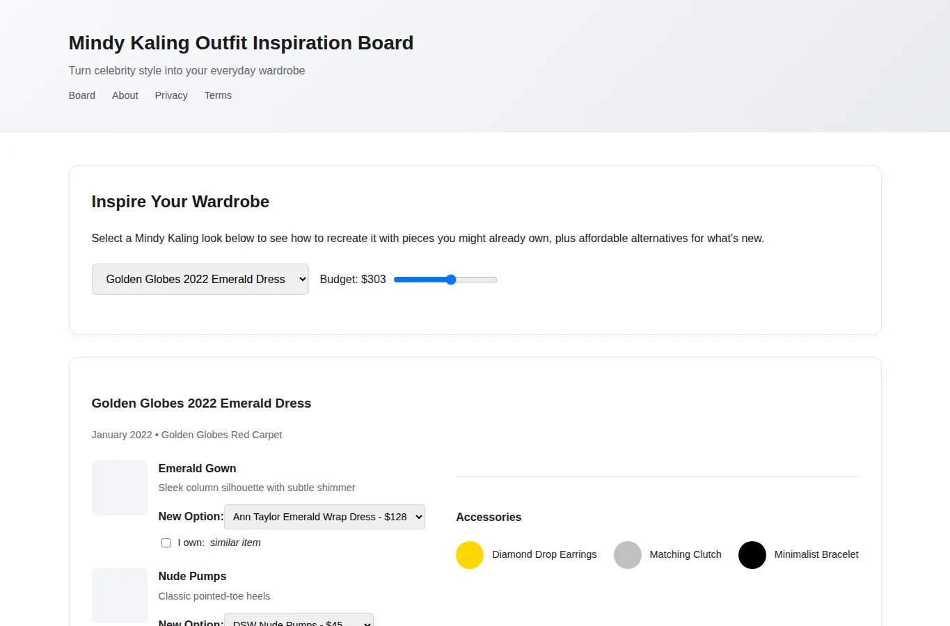 Screenshot of Mindy Kaling Outfit Inspiration Board interface showing the project page in use